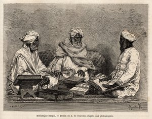 Les mullahs de la mosque de Bhopal, w pełnym omówieniu spornych punktów religii muzułmańskiej, rycina według rysunku A. de Neuville, ilustrująca podróż radżów do Indii w latach 1864-1868, autorstwa Louisa Rousseleta, opublikowana w: „” Le do autorstwa Alphonse Marie de Neuville