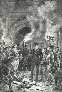 Masakra w Saint Barthelemy, książę de Guise popycha stopą zwłoki Gasparda de Coligny (rycina) autorstwa Alphonse Marie de Neuville