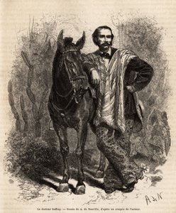 Portret dr Saffraya, z rękami na wierzchowcu, w stroju podróżnym, grawerowany według rysunku A. de Neuville, ilustrujący podróż do Nowej Granady, autorstwa dr Saffraya, w 1869 r., opublikowany w „Le tour du monde”” ” 1873, pod redakcją Edouarda Chartona, H autorstwa Alphonse Marie de Neuville