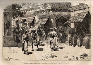 Skrzyżowanie Chandni chowk, ulica goldworms, główna arteria działalności handlowej i rzemieślniczej, która przecina Dehli od wielkiej bramy pałacu do bramy Lahore, rycina według rysunku A. de Neuville, ilustrująca podróż