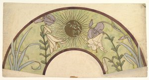 Projekt wachlarza ze słońcem, liliami i irysami, koniec XIX - połowa XX wieku autorstwa Alphonse Mucha