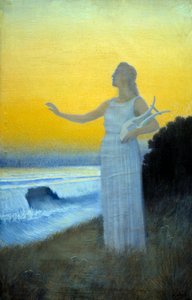 Hymn morza Młoda kobieta trzyma lirę z widokiem na morze. Postać przywołująca na myśl grecką poetkę antycznej Safony. Obraz Alphonse Osbert (1857-1939) 1900 Kolekcja prywatna