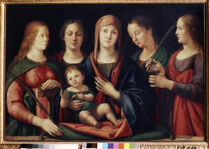Dziewica z Dzieciątkiem z Marią Magdaleną Świętą Katarzyną i dwiema świętymi (Madonna z Dzieciątkiem z Marią Magdaleną, Święta Katarzyna i dwie święte). Obraz Alvise Vivarini (ok. 1446-ok. 1505). Olej na płótnie, 89 x 129 cm