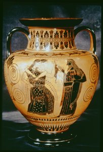 Czarna amfora na poddaszu przedstawiająca scenę dionizyjską, 540-530 p.n.e. (ceramika)