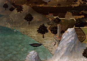 Zamek nad brzegiem jeziora, autorstwa Ambrogio Lorenzetti (1290-ca 1348), Tempera na drewnie, 22,5x33 cm autorstwa Ambrogio Lorenzetti