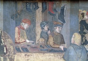 Skutki Dobrego Rządu w Mieście, detal kupca i rzemieślników w sklepie szewskim autorstwa Ambrogio Lorenzetti