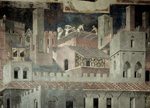 Skutki Dobrego Rządu w Mieście, detal architektury i budowa domu autorstwa Ambrogio Lorenzetti