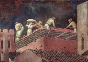 Skutki dobrego rządu w mieście, fragment robotników budujących dom autorstwa Ambrogio Lorenzetti