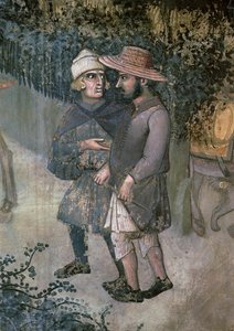 Skutki dobrego rządu na wsi, fragment dwóch mężczyzn spacerujących i rozmawiających autorstwa Ambrogio Lorenzetti
