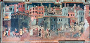 Wpływ dobrych rządów na życie miasta, szczegół, ok. 1330 r. autorstwa Ambrogio Lorenzetti