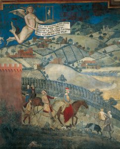 Skutki dobrego rządu w kraju, szczegół z Alegorii oraz skutki dobrego i złego rządu w mieście i na wsi autorstwa Ambrogio Lorenzetti