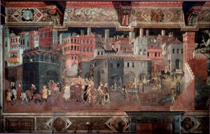 „Skutki dobrego i złego rządu dla miasta i kraju”. Szczegół miasta. Fresk Ambrogio Lorenzettiego (1290-1348) autorstwa Ambrogio Lorenzetti