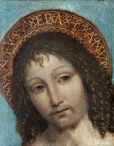 Święty Sebastian - Obraz Ambrogio Stefani da Fossano, dit il Bergognone lub Borgognone (Le Bouguignon) (1453-1523), olej na drewnie (23x18 cm) - Święty Sebastian, Olej na drewnie Ambrogio Bergognone, koniec XV-początek XVI wieku - Prywatna kolekcja