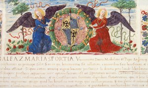 Anioły trzymające tarczę z herbem Sforzów, miniatura Ambrogio Bergognone z rękopisu, Włochy 1477.