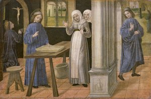 Modlitwa, Cud sita i wyjazd do Subiaco, panel predella z ołtarza przedstawiającego sceny z życia św. Benedykta, 1488-95