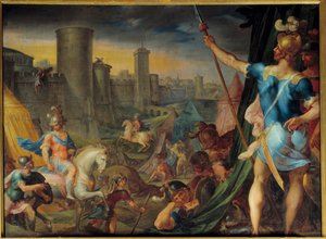 Obóz krużów przed Jerozolimą Z cyklu „Histoire de Tancrede et de Clorinde”” ilustrującego „”La jerusalem delibree”” poety Le Tasse (Il tasso) Obraz Ambroise Dubois (1542-1614) Słońce . 1,62 x 2,15 m Fontainebleau. Zamek