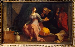 Doktor Acestinus analizuje ilustrację Chariclee „Etiopowie lub historię miłości Teageny i Chariclee” autorstwa Heliodore (Heliodoros) autorstwa Emese (IV wiek n.e.). Obraz Ambrose Dubois (1542-1614) 1610 Nd. 1,3x2,35 m Fontainebleau Muzeum Ch