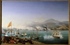 Grecka wojna o niepodległość: „”Widok bitwy morskiej Navarin 20.10.1827”” Miała miejsce w Zatoce Navarin (Pylos, zachodni Peloponez) pomiędzy flotą osmańską a flotą francusko-angielsko-rosyjską. Obraz Ambroise Louis Garneraya (1783-1857) 1831 Nd. 1,79 x autorstwa Ambroise Louis Garneray