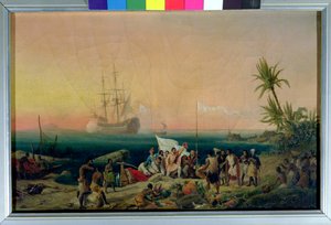 Jean de Bethencourt (ok.1360-1425), Norman Navigator, odkrywając wyspę Lanzarote w 1402, 1848 autorstwa Ambroise Louis Garneray