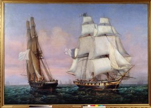 Powrót z wyspy Elba 28.02.1815 Napoleon I (1769-1821) na pokładzie statku „”Niestały””” przecina „”Zefir”””. Obraz Ambroise Louis Garneray (1783-1857) 1837 Nd. 1,87x2,27 m² autorstwa Ambroise Louis Garneray