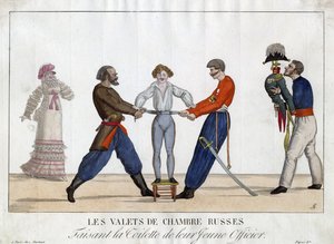 Toaleta młodego rosyjskiego oficera - Garneray, Ambroise Louis (1783-1857) - ok. 1930 r. 1815 - Akwaforta, akwarela - 24x32,6 - Kolekcja prywatna autorstwa Ambroise Louis Garneray