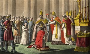 Karol Wielki (742-814) koronowany przez papieża Leona III (ok. 750-816) w bazylice św. Piotra w Rzymie 25 grudnia 80 - Koronacja Karola Wielkiego (742 - 814) w 800 przez papieża Leona III. Zaprojektowany i wygrawerowany przez Ambroise Tardieu w 1825 roku.