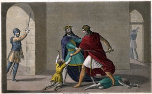 Childebert Pozwoliłem Clotaire (Clothaire) zamordować dzieci ich brata Clodomira, króla Orleanu, którego stany są wspólne. Zaprojektowany i wygrawerowany przez Ambroise Tardieu w 1825 roku. autorstwa Ambroise Tardieu