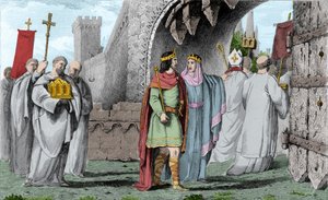Chilperic I (539-584) w procesji religijnej - Chilperic I po zamordowaniu Sigeberta wszedł do Paryża w procesji, aby nie okazywać łamania złożonej przez siebie przysięgi, że przybędzie tylko za zgodą braci. Brunehaut (lub Brunehilde autorstwa Ambroise Tardieu