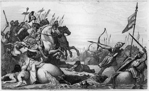 Clodion, Włochaty (ok. 428-47) wycofuje się przez most po klęsce dokonanej przez Aetiusa - Clodion dit „”Le Chevelu”” (ok. 428-ok. 448), przodek Merowingów, przywódca franków Salian - Clodion jest pokonany przez Aetiusa, generała Valentiniena III, który autorstwa Ambroise Tardieu