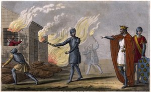 Clotaire (Clothaire) I (497 - 561) pali syna Chramne w chacie, bunt przeciwko niemu - Panowanie Clotaire. Clotaire spalił w chacie swojego syna Chramne, który zbuntował się przeciwko niemu - Dessine et grave autorstwa Ambroise Tardieu w 1825 roku. autorstwa Ambroise Tardieu