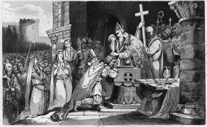 Clovis I (465-511) Ochrzczony z mężczyznami ze swojej armii przed bitwą pod Tolbiac - Bapteme of Clovis 1, 25 grudnia 496: le roi des Francs (466-511) zostaje ochrzczony przez Saint Remi (437-533), w wigilię Reims, w kościele św. Marcina - Grawerowanie 182
