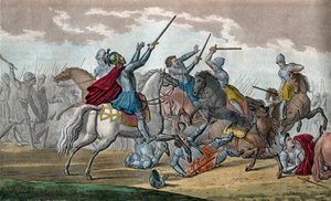 Clovis I (466-511), król Franków, dynastia Merowingów - Podczas bitwy pod Tolbiac z Alamami przysiągł, że nawróci się na katolicyzm, jeśli Bóg da mu zwycięstwo - Rysuj i grób Ambroise Tardieu w 1825 r.
