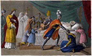 Śmierć Pepina z Herstalu (635-714) w otoczeniu rodziny - Śmierć Pepina de Herstal (dziadka Pepina le Brief), w otoczeniu rodziny i w obecności Dagoberta III (714) - Rysowanie i grób Ambroise Tardieu w 1825 autorstwa Ambroise Tardieu