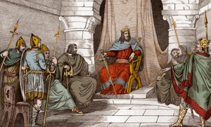 Król Charibert (521-567) w radzie z sędziami - Caribert lub Cherebert, król paryski (561-567) na soborach, czyli oddał sprawiedliwość - Rycina z 1825 r. w „Histoire de France reprezentowana przez obrazy synoptyczne poświęcone dzieciom Francji oraz autorstwa Ambroise Tardieu