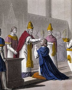 Ludwik II został konsekrowany po raz drugi na soborze w Troyes przez Jana VIII w 879 (detal z 33595). Zaprojektowany i wygrawerowany przez Ambroise Tardieu w 1825 roku. autorstwa Ambroise Tardieu