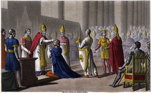 Ludwik II został konsekrowany po raz drugi na soborze w Troyes przez Jana VIII w 879. Zaprojektowany i wyryty przez Ambroise Tardieu w 1825. autorstwa Ambroise Tardieu