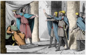 Ludwik V Indolent pokazuje swoją koronę swoim wyznawcom w 986 - Ludwik V le Faineant (ok. 967-987), ogłoszony królem Francji pod protektoratem Hugues Capet, który został królem Francji, w 986 - Rycina 1825 w “ Histoire de France reprezentowana przez synopt autorstwa Ambroise Tardieu