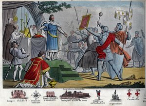 Filip II (1165-1223), król Kapetian, znany jako „Augustus”, proponuje oddać koronę swoim żołnierzom, jeśli zdołają ją utrzymać na dzień przed bitwą pod Bouvines, ale wszyscy wolą zatrzymać swojego króla. Wygrywając tę bitwę, Filip II zniszczył koalicję autorstwa Ambroise Tardieu