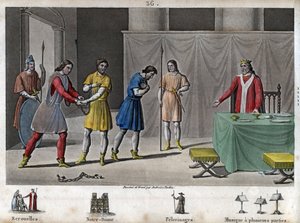 Robert II Pobożny (970 - 1031) uwalnia konspiratorów - Roberta II znanego jako „Pobożny” (972-1031), dynastia Kapetyngów. Wiedząc, że dwóch konspiratorów zostało skazanych na śmierć, kazał im obcować, pięknie traktować i powrócić do wolności. autorstwa Ambroise Tardieu