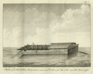 Szkic łodzi z płaskim dnem, takiej jak używana do schodzenia z Ohio i Mississippi, opublikowany w 1826 r. autorstwa Ambroise Tardieu