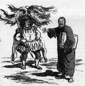 Radość Rabelaisa widząc Gustave Dore w pełni identyfikuje się z ludźmi jego twórczości. Kreskówka Chama. Grawerowanie w „”Le Monde Illustré””n°821 z 4 stycznia autorstwa Amédée de Noé