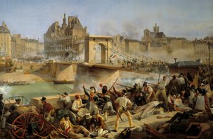 Rewolucja 1830, dzień lipca: atak na hotel de Ville de Paris i walka na moście Arcole, 28 lipca 1830 (olej na płótnie) autorstwa Amédée Bourgeois