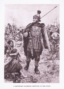 Legionista strzegący jeńców na polu, ilustracja z Żołnierza rzymskiego, 1928 autorstwa Amedee Forestier