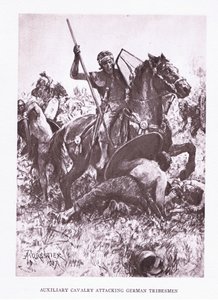 Pomocnicza kawaleria atakująca niemieckich plemion, ilustracja z filmu Żołnierz rzymski, 1928