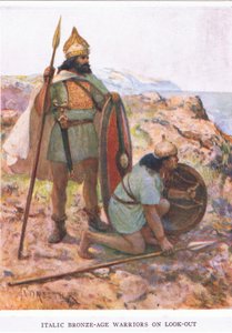 Italiccy wojownicy z epoki brązu na widok, ilustracja z „Rzymskiego żołnierza” autorstwa Amedee Forestier