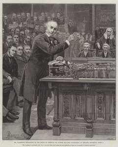 Pan Gladstone wyjaśnia Izbie Gmin swój plan dla rządu Irlandii, czwartek, 8 kwietnia