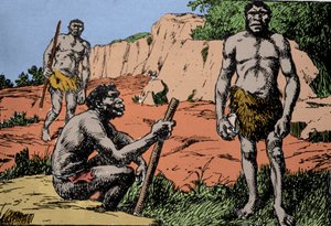 Prehistoria: przedstawienie Homo rhodesiensis lub człowieka z Broken hill, przodka Homo sapiens, którego skamieniałości odkryto w Rodezji (dzisiejsza Zambia w Afryce). Rysunek A. Forestiera. DR