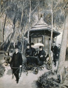 Królowa Wiktoria jedzie powozem na mułach w towarzystwie Johna Browna (grisaille) autorstwa Amedee Forestier