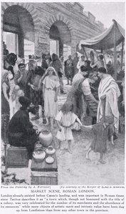 Rzymska scena targowa, Londyn, ilustracja z „Historii Narodów Hutchinsona”, ok. 1910 autorstwa Amedee Forestier