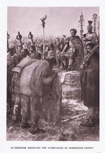 Cesarz otrzymuje uległość wodzów barbarzyńskich, ilustracja z rzymskiego żołnierza, 1928 autorstwa Amedee Forestier